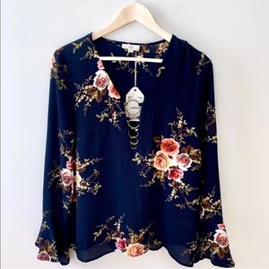 Entro Navy Blue Floral Bell Sleeve Top •NWT•